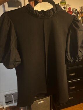 THML Black Puff Sleeve Ruffle Neck Top